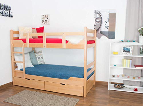 Etagenbett / Stockbett "Easy Sleep" K12/n inkl. 2 Schubladen und 2 Abdeckblenden, Kopf- und Fußteil gerade, Buche Vollholz massiv Natur - Maße: 90 x 200 cm, teilbar