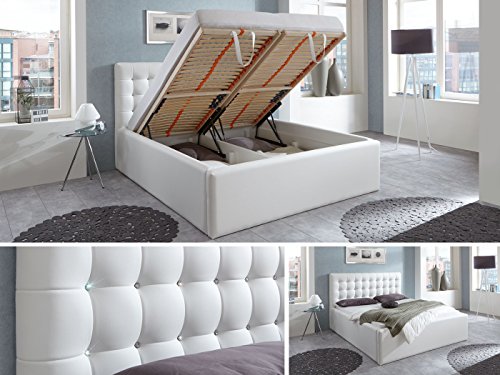 Luxus Polsterbett mit Bettkasten Selly mit Zirkonia Steinen XXL Kunslederbett Doppelbett Ehebett Weiß (180x200cm)