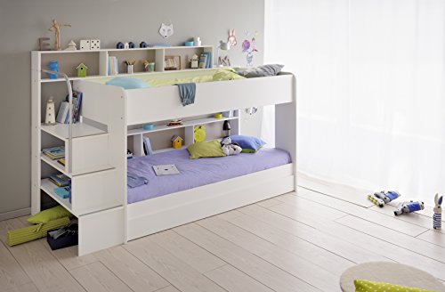 90x200 Kinder Etagenbett Weiß/grau mit Bettkasten Treppe und Geländer -