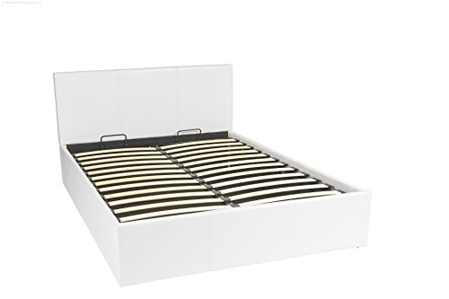 Bett - 140x190 - weiß - Bettgestell mit Aufbewahrung - Bettkasten Inhalt 798 Liter - Material A++ Qualität Lederoptik - Funktionsbett - Stahlrahmen mit Holz - Lattenrost -