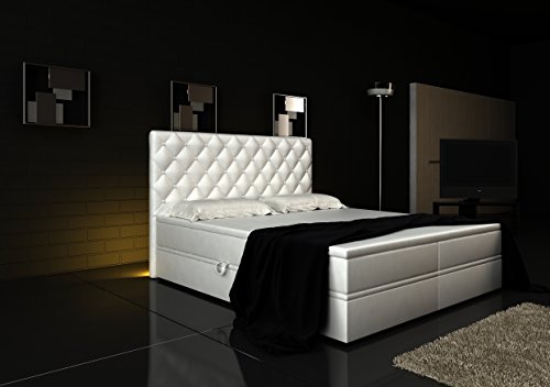 Boxspringbett Weiß Panama Lift 160x200 inkl. 2 Bettkästen Hotelbett Bett LED Chesterfield -