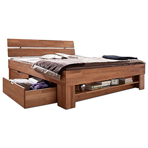 Futonbett SOFIE 140 x 200 cm, Holz Bett aus Buche massiv, Kernbuche geölt, Naturholz Bett mit Bettkasten auf Rollen und mit Fußteilregal -
