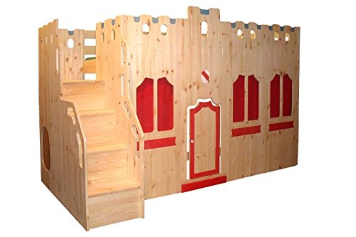 Hochbett Schloss Bett mit Treppe und Fassade GS zertifziert, Kiefer Massivholz aus nachhaltiger Forstwirtschaft, inkl. Rost - 1