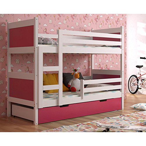 JUSThome LEON Etagenbett Kinderbett Jugendbett mit Bettkasten (LxBxH): 190x85x150 cm Weiß Rosa - 1