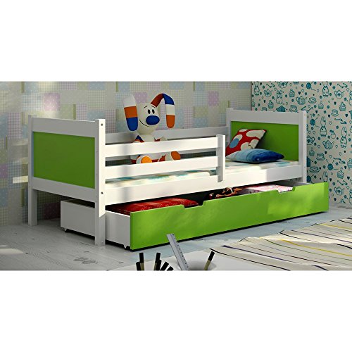 JUSThome LEON Funktionsbett Kinderbett Einzelbett mit Bettkasten (LxBxH): 190x85x75 cm Weiß Grün - 1