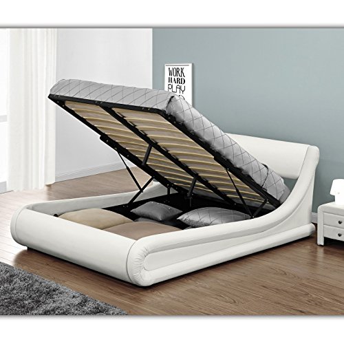 KANSAS Doppelbett Polsterbett mit Gasdruckfeder Bettkasten Bett Lattenrost Kunstleder (140 x 200cm, Weiss) -