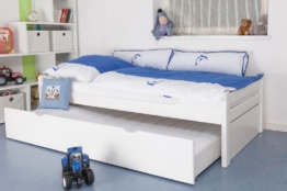 Kinderbett / Jugendbett "Easy Sleep" K1/1h inkl. 2. Liegeplatz und 2 Abdeckblenden, 90 x 200 cm Buche Vollholz massiv weiß lackiert -