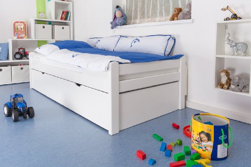 Kinderbett / Jugendbett "Easy Sleep" K1/1h inkl. 2. Liegeplatz und 2 Abdeckblenden, 90 x 200 cm Buche Vollholz massiv weiß lackiert -
