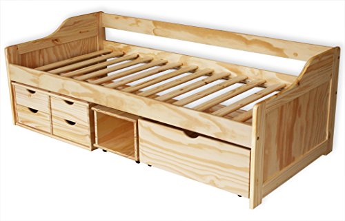 KMH®, Bett aus massivem Pinienholz! (200 x 90 cm / Mit Bettkasten, Rollregal und 4 Schubladen / natur) (#201104) - 1