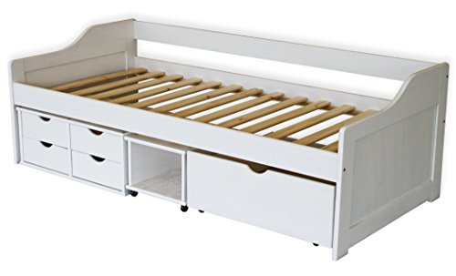 KMH®, Bett aus massivem Pinienholz! (200 x 90 cm / Mit Bettkasten, Rollregal und 4 Schubladen / weiss) (#201105) - 1