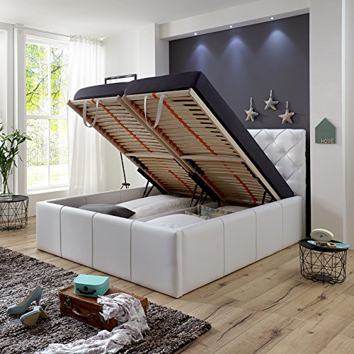 Luxus Polsterbett mit Bettkasten Nelly XXL 180x200 cm Kunslederbett Doppelbett Ehebett Weiß -