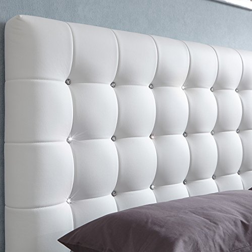 Luxus Polsterbett mit Bettkasten Selly mit Zirkonia Steinen XXL Kunslederbett Doppelbett Ehebett Weiß (180x200cm) -