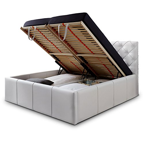 Luxus Polsterbett mit Bettkasten Nelly XXL 180x200 cm Kunslederbett Doppelbett Ehebett Weiß -