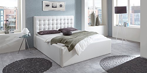 Luxus Polsterbett mit Bettkasten Selly mit Zirkonia Steinen XXL Kunslederbett Doppelbett Ehebett Weiß (180x200cm) -