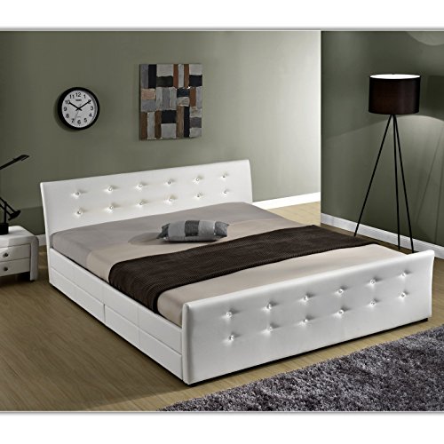 Luxusbett "Phoenix" Weiss Doppelbett Polsterbett mit 4 Bettkasten Bett Lattenrost Kunstleder (140x200cm) -