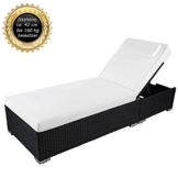 Palermo Rattanliege XXL, bis 160 kg belastbar, inklusive 10 cm dicke Auflage mit Kopfkissen (waschbar), bestens für gewerblichen Einsatz geeignet, 5-fach verstellbare Rückenlehne (ganz flach), Material: Polyrattan / Aluminiumrahmen / Edelstahlschrauben, Sonnenliege aus Poly Rattan, Farbe Schwarz, seit 2014 über 5.000 mal verkauft -