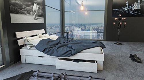 SAM® Massiv-Holzbett Julia mit Bettkästen in Buche weiß, 160 x 200 cm, Bett mit geteiltem Kopfteil, natürliche Maserung, massive widerstandsfähige Oberfläche in edlem Weißton -