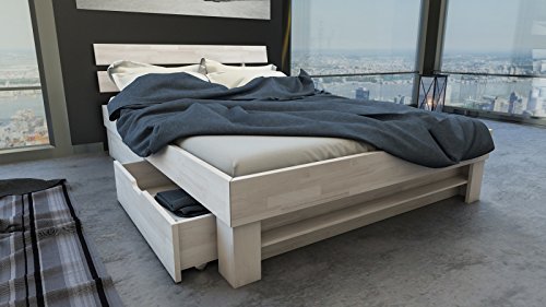 SAM® Massiv-Holzbett Julia mit Bettkästen in Buche weiß, 160 x 200 cm, Bett mit geteiltem Kopfteil, natürliche Maserung, massive widerstandsfähige Oberfläche in edlem Weißton -