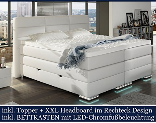 XXL ROMA Boxspringbett mit Bettkasten Designer Boxspring Bett LED Schneeweiss Rechteck Design (Schneeweiss, 180x200cm) -
