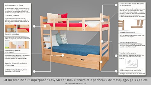 Etagenbett / Stockbett "Easy Sleep" K12/n inkl. 2 Schubladen und 2 Abdeckblenden, Kopf- und Fußteil gerade, Buche Vollholz massiv Natur - Maße: 90 x 200 cm, teilbar -