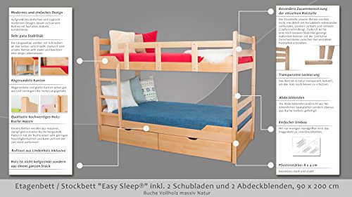 Stockbett mit Bettkasten "Easy Sleep" K12/n inkl. 2 Schubladen und 2 Abdeckblenden, Kopf- und Fußteil gerade, Buche Vollholz massiv Natur - Maße: 90 x 200 cm, teilbar -